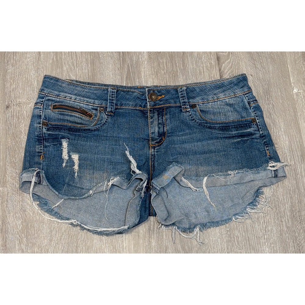 Almost Famous Womens Low Rise Distressed Denim Shorts Medium Wash Cut Offs Y2K